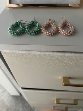Beaded Hoop Earrings in Mint Green and Blush